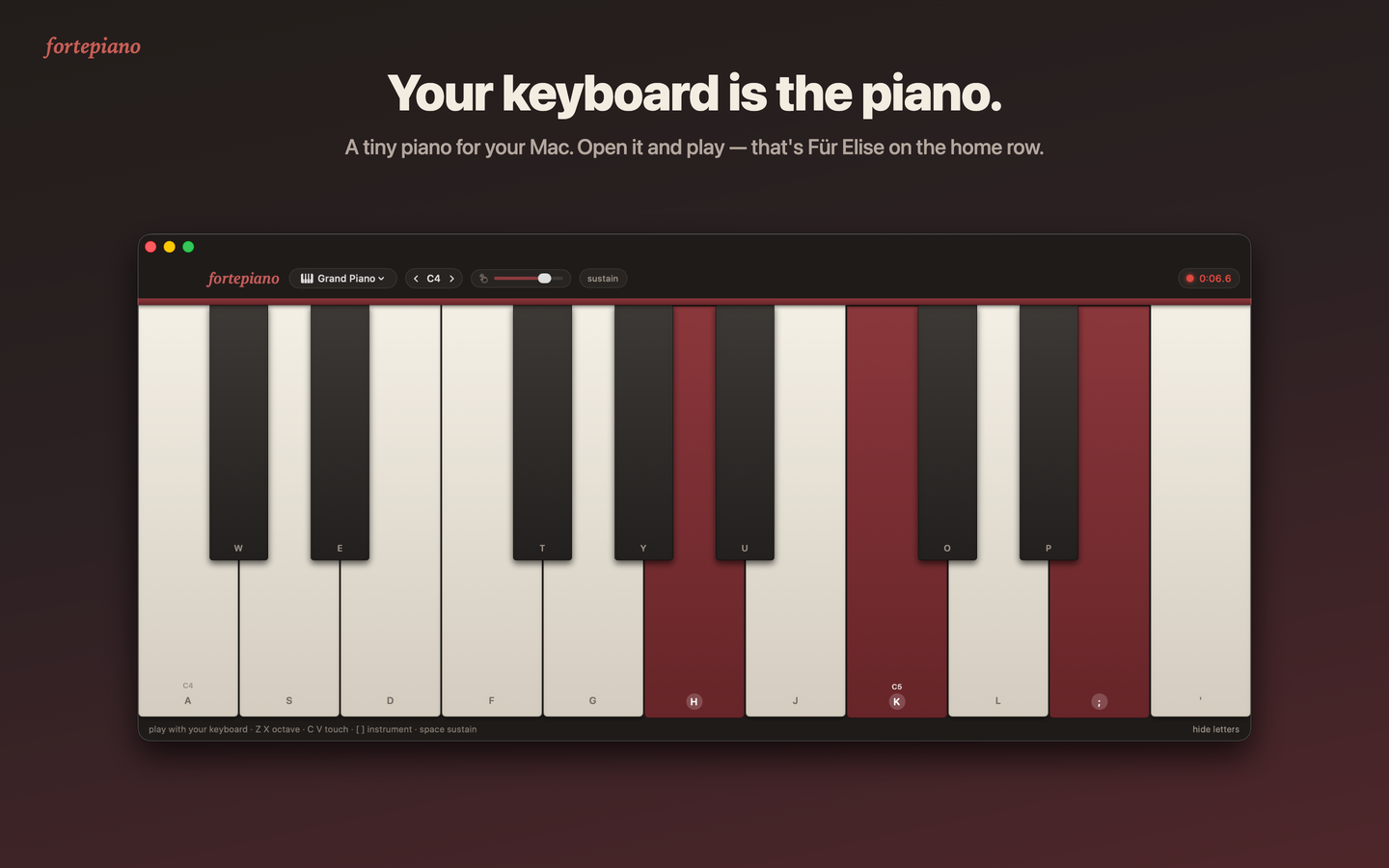 Fortepiano playing Für Elise — an A-minor chord held on the on-screen piano, mid-recording