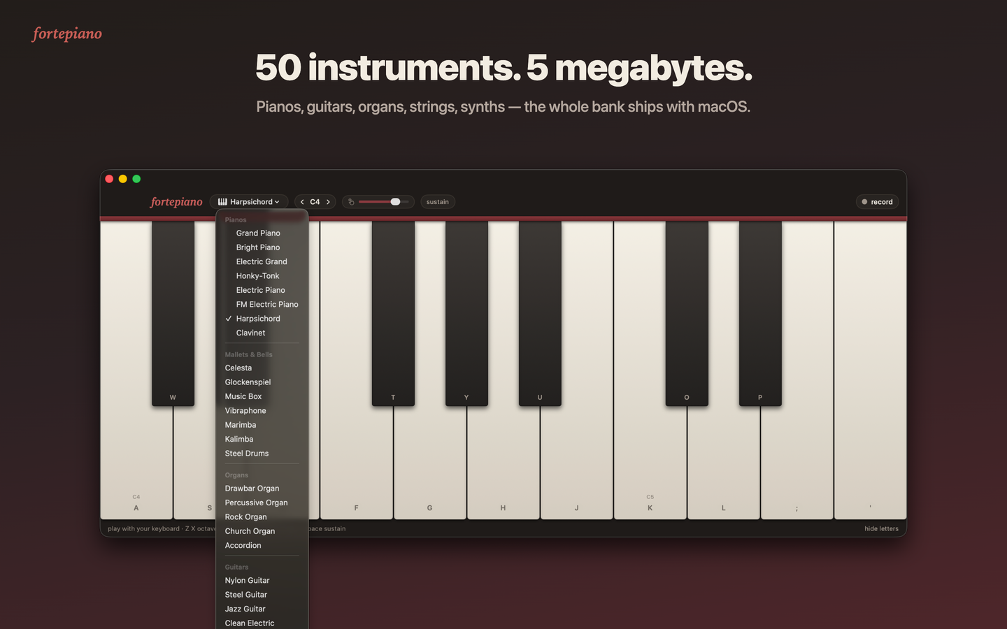 The instrument menu open, showing pianos, mallets, organs, guitars, and more