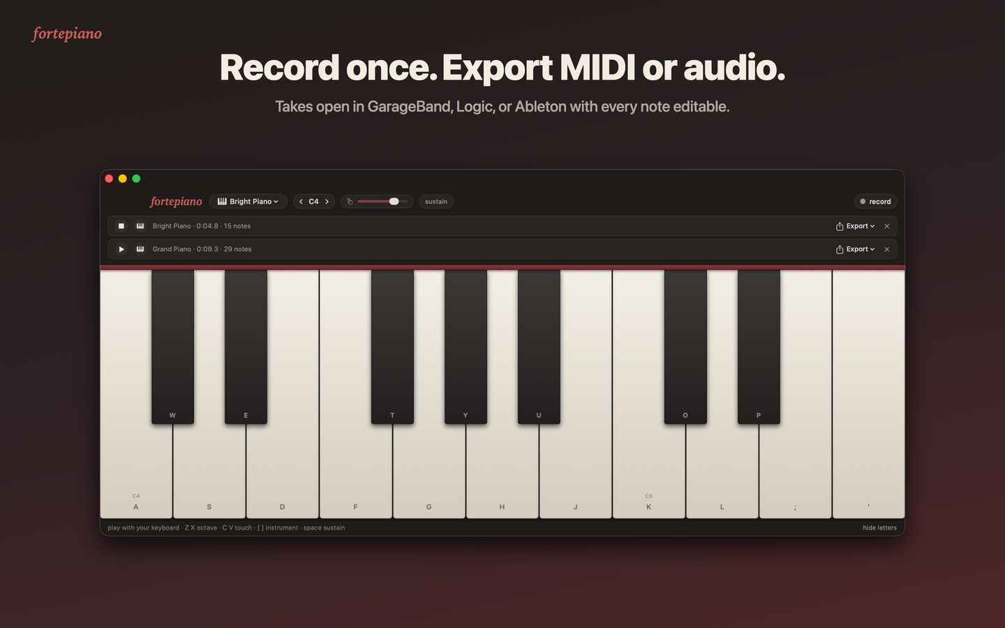 Recorded takes with play, replay, export, and discard controls