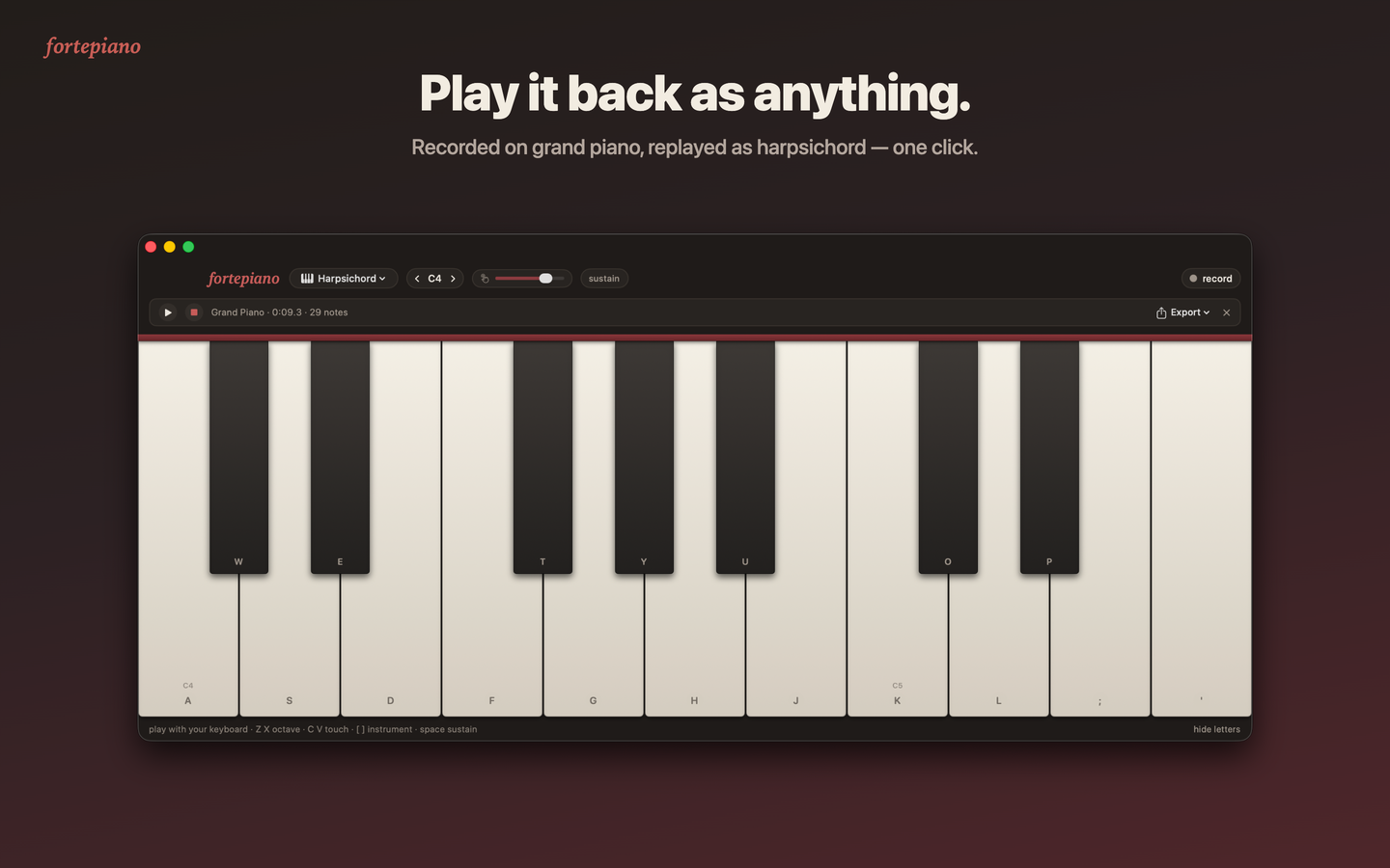 A grand piano take replaying through the harpsichord
