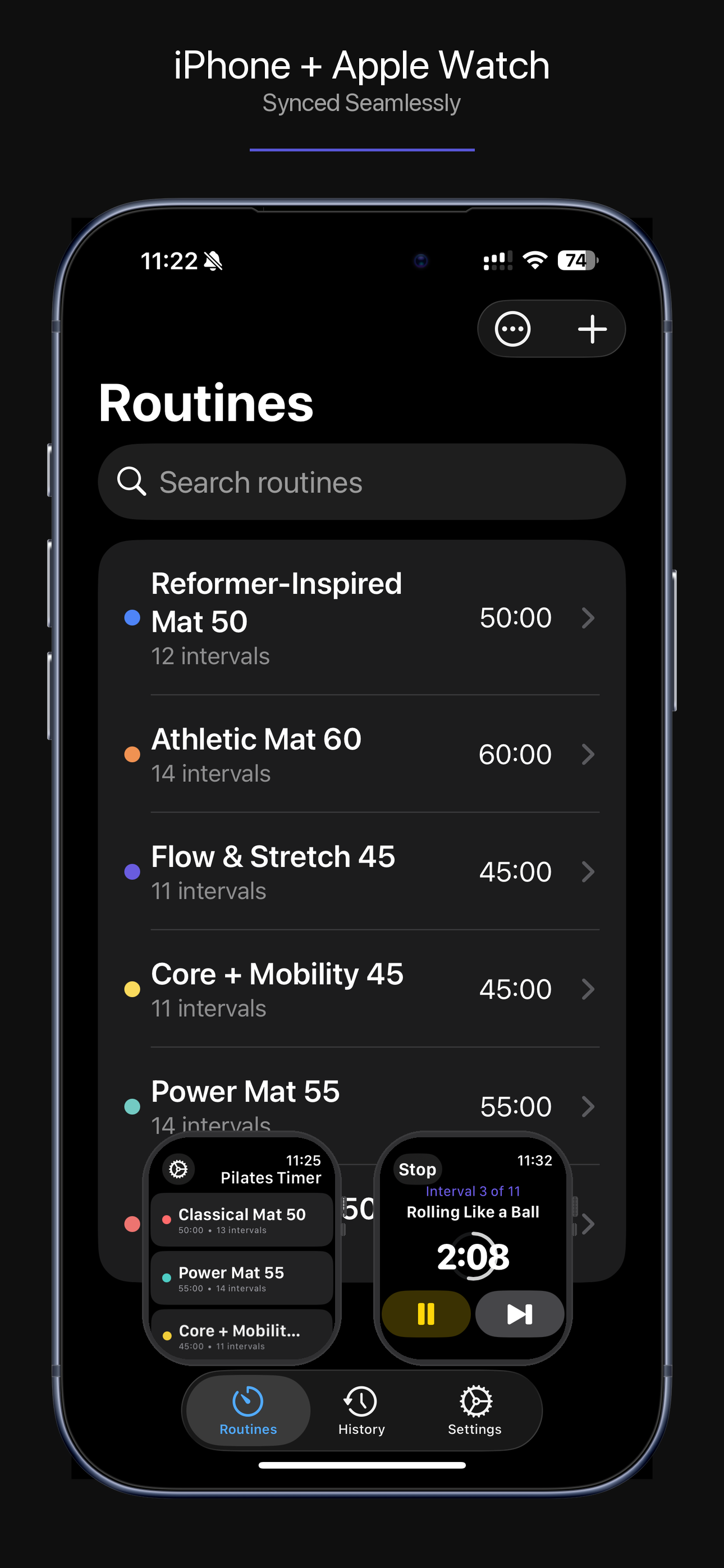 iPhone and Apple Watch showing Pilates Timer routines synced seamlessly