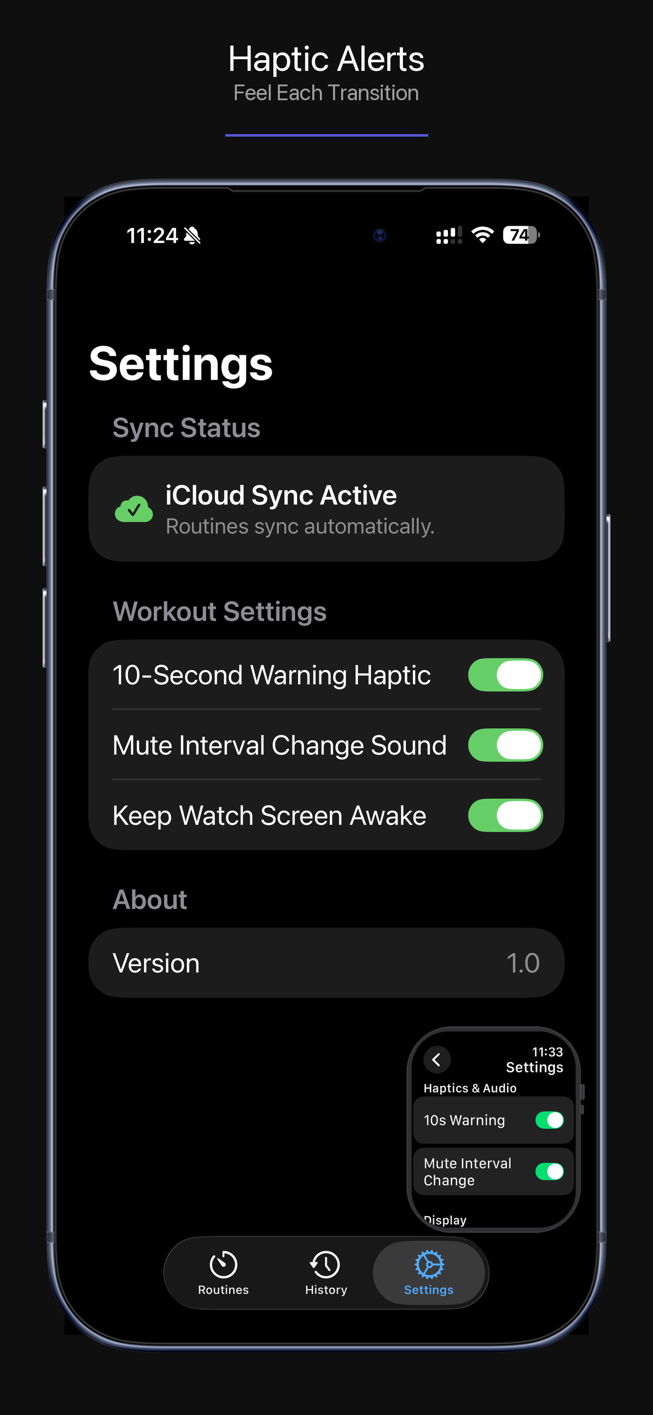 Haptic alerts settings with 10-second warning on Apple Watch