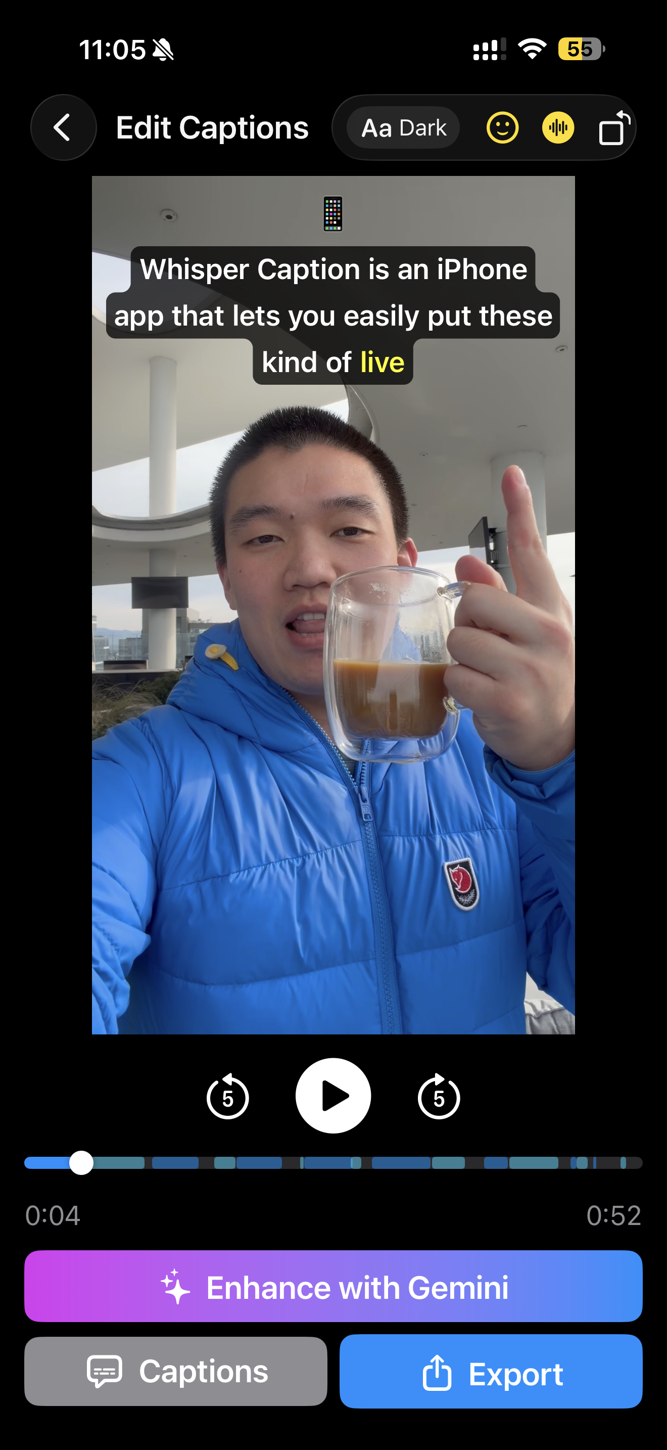 Dark style caption editor with karaoke word highlighting on video