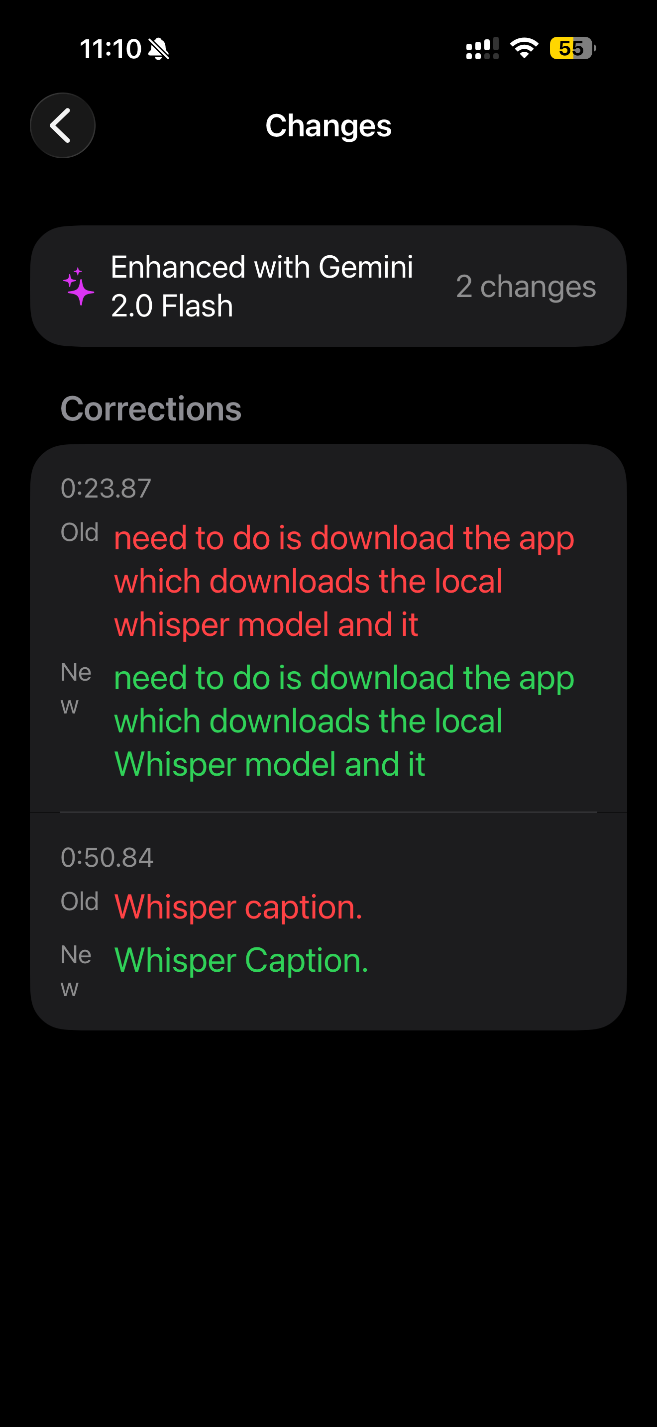 AI correction review showing before and after transcription improvements