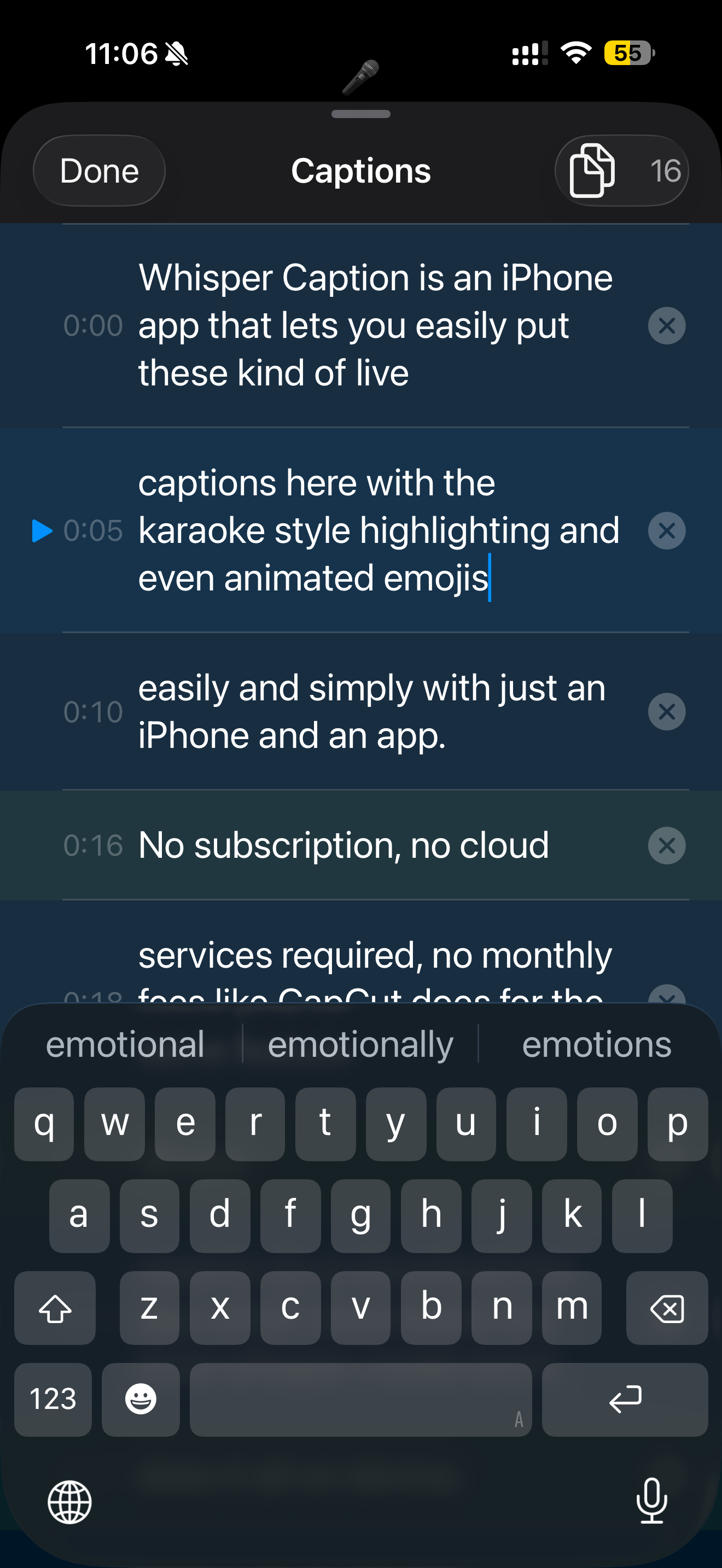 Caption list editor showing editable transcript segments