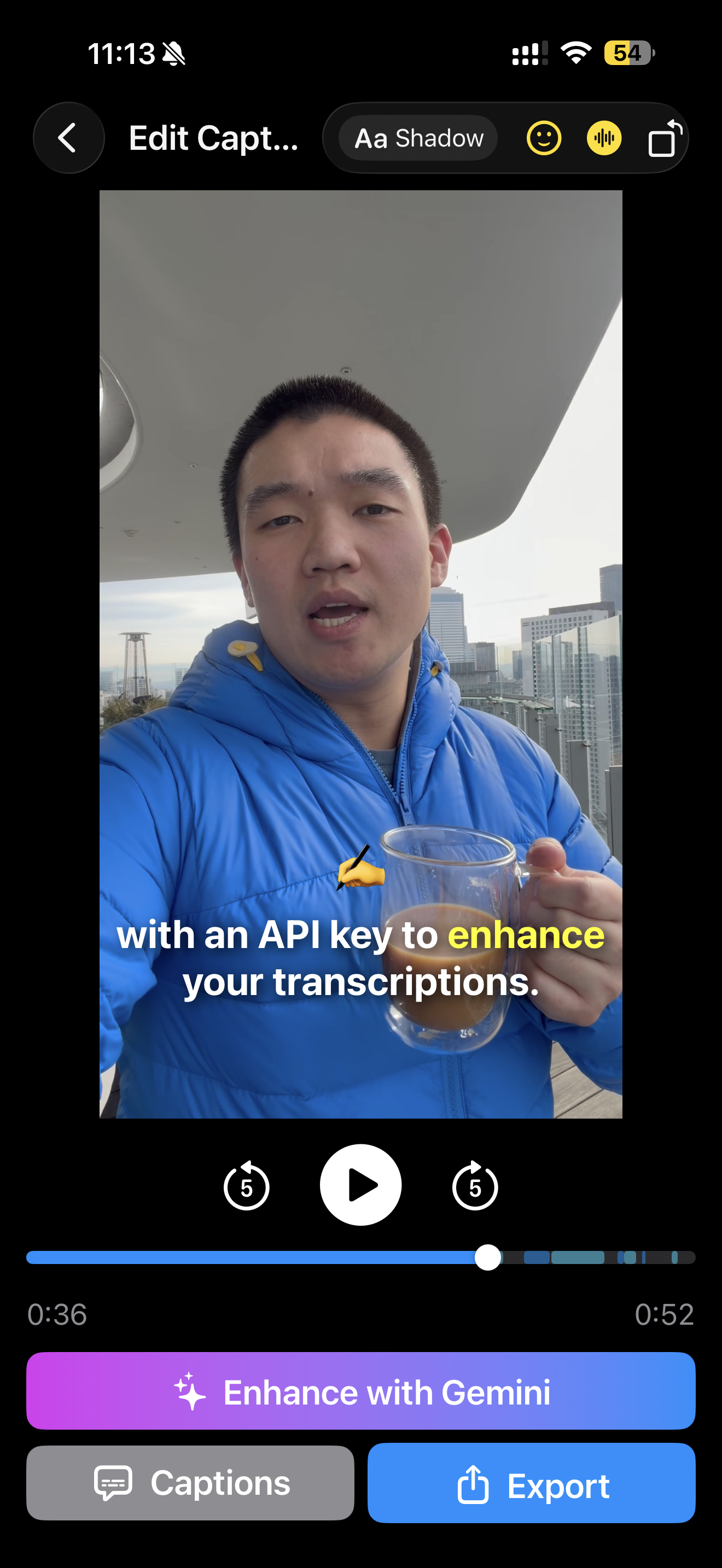 Shadow style captions with animated pointing hand emoji