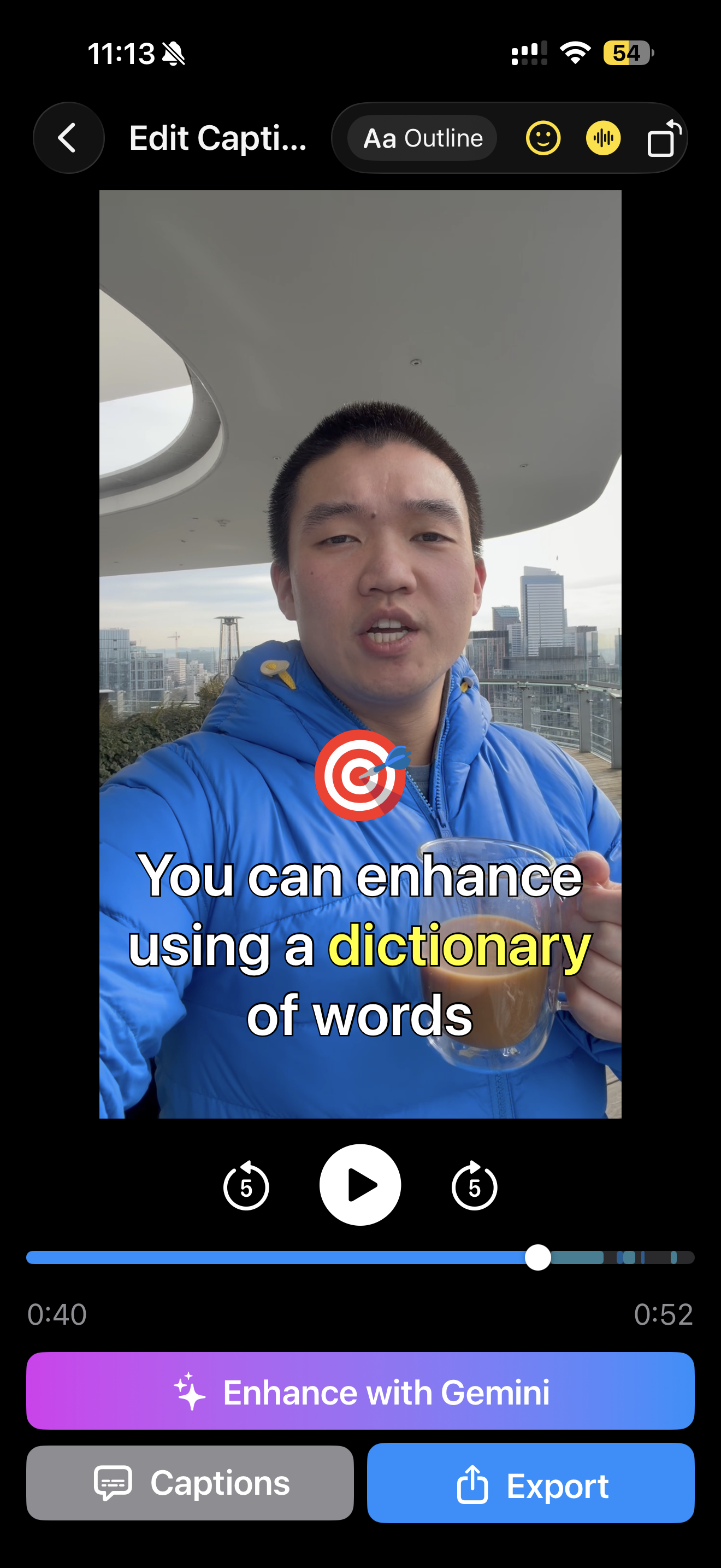 Outline style white text with black outline and target emoji