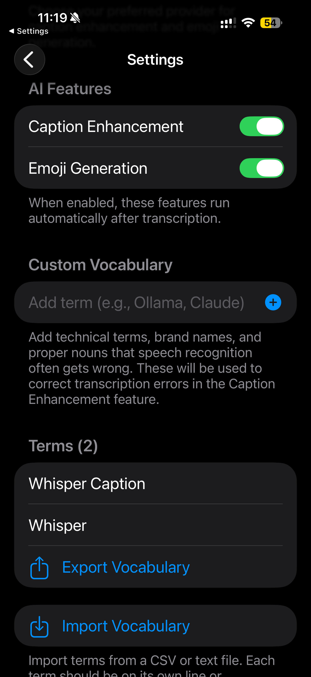 Settings screen with AI caption enhancement and custom vocabulary options