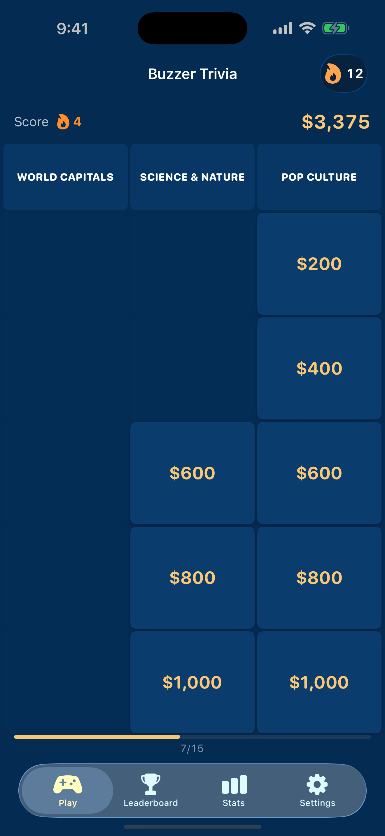The daily trivia board with 15 tiles across 3 categories