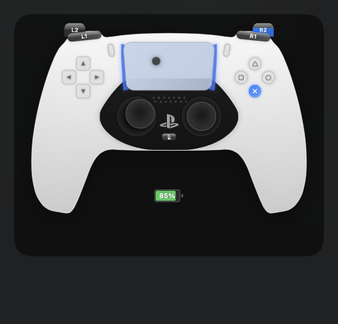 ControllerKeys stream overlay showing a DualSense controller with pressed buttons highlighted