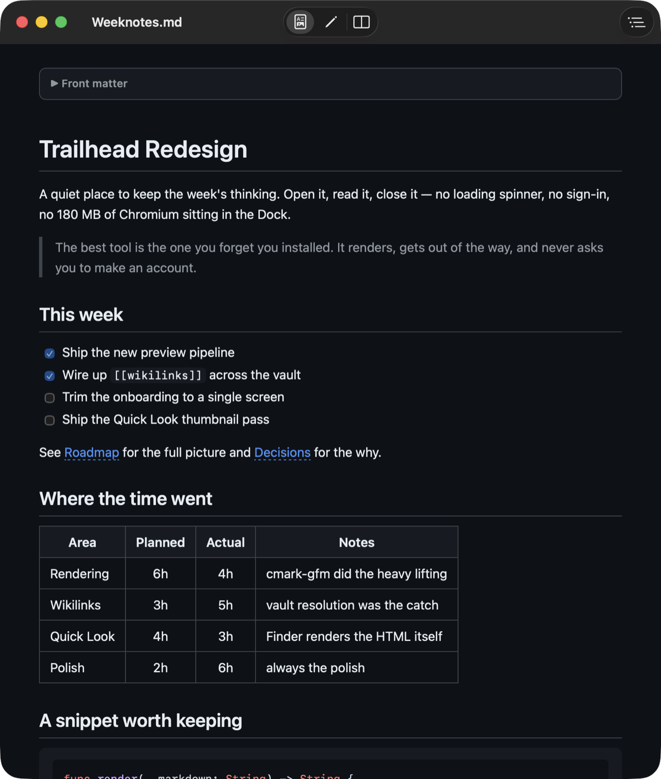 Featherdown showing a rendered Markdown note in dark mode: a heading, a blockquote, a task list with wikilinks, and a formatted table