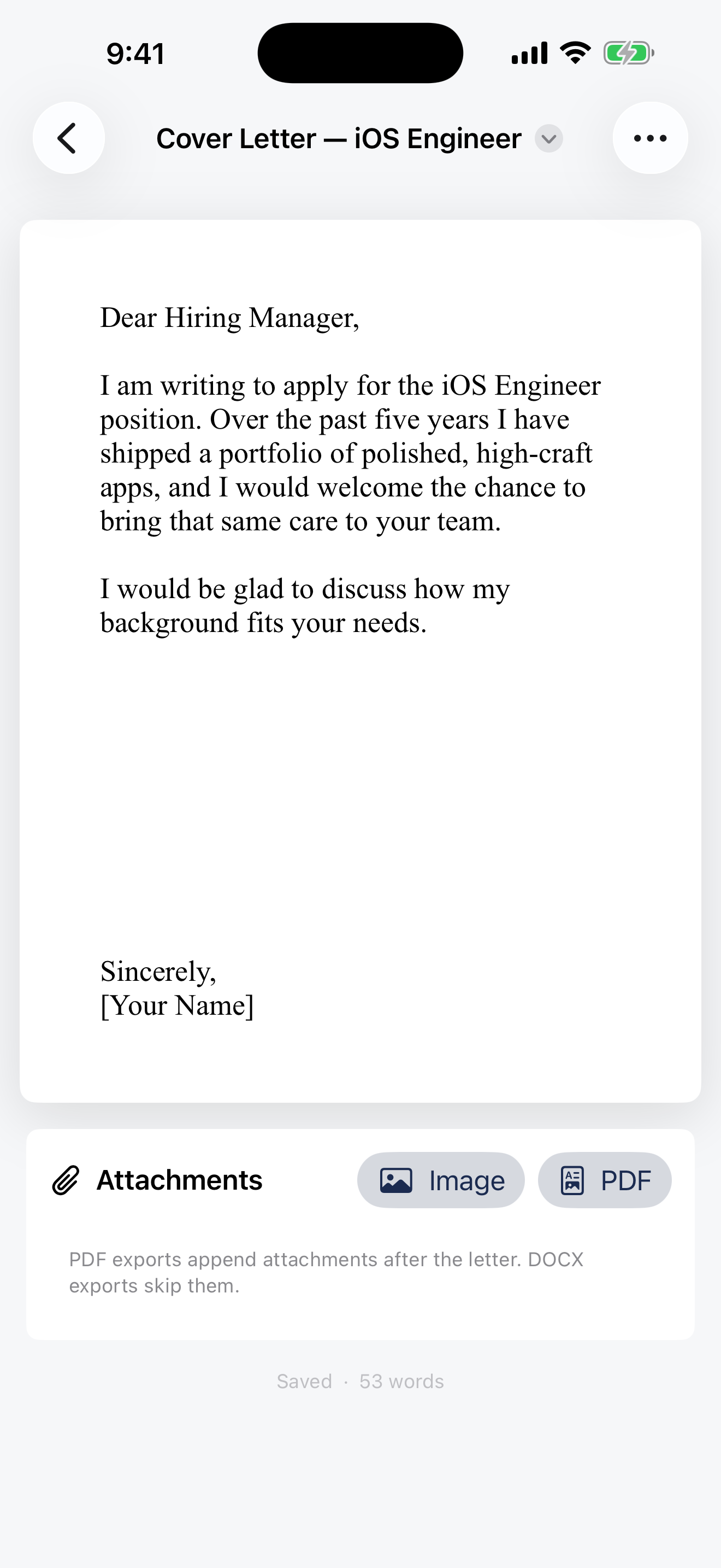 Foolscap page editor with a cover letter