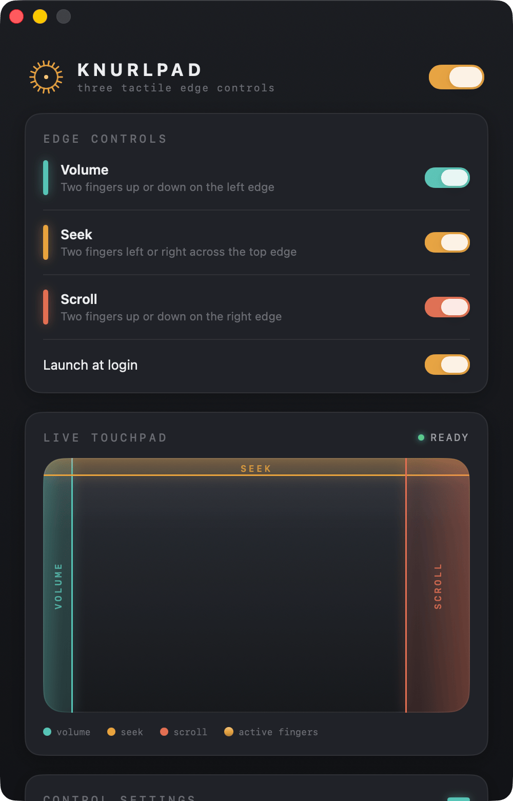 KnurlPad settings window: the three edge controls toggled on and a live touchpad view showing the volume, seek, and scroll zones