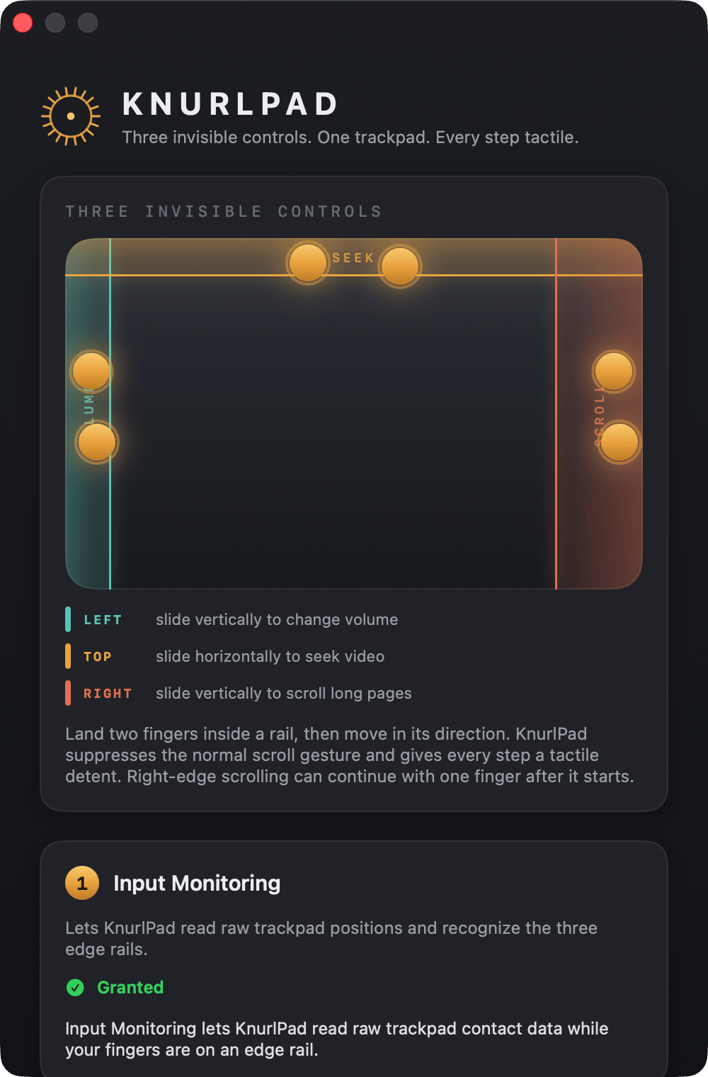 KnurlPad's welcome window showing a trackpad diagram with glowing finger dots on the left, top, and right edges, labeled volume, seek, and scroll
