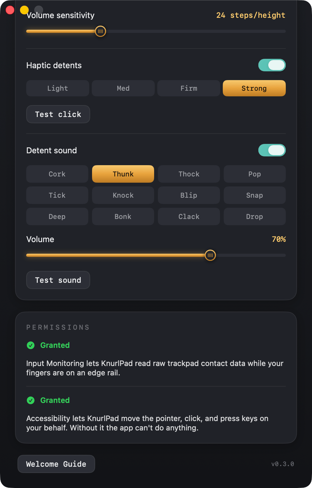 KnurlPad per-control tuning: haptic strength selector set to Strong, a grid of twelve detent-sound voices, volume slider, and both permissions granted