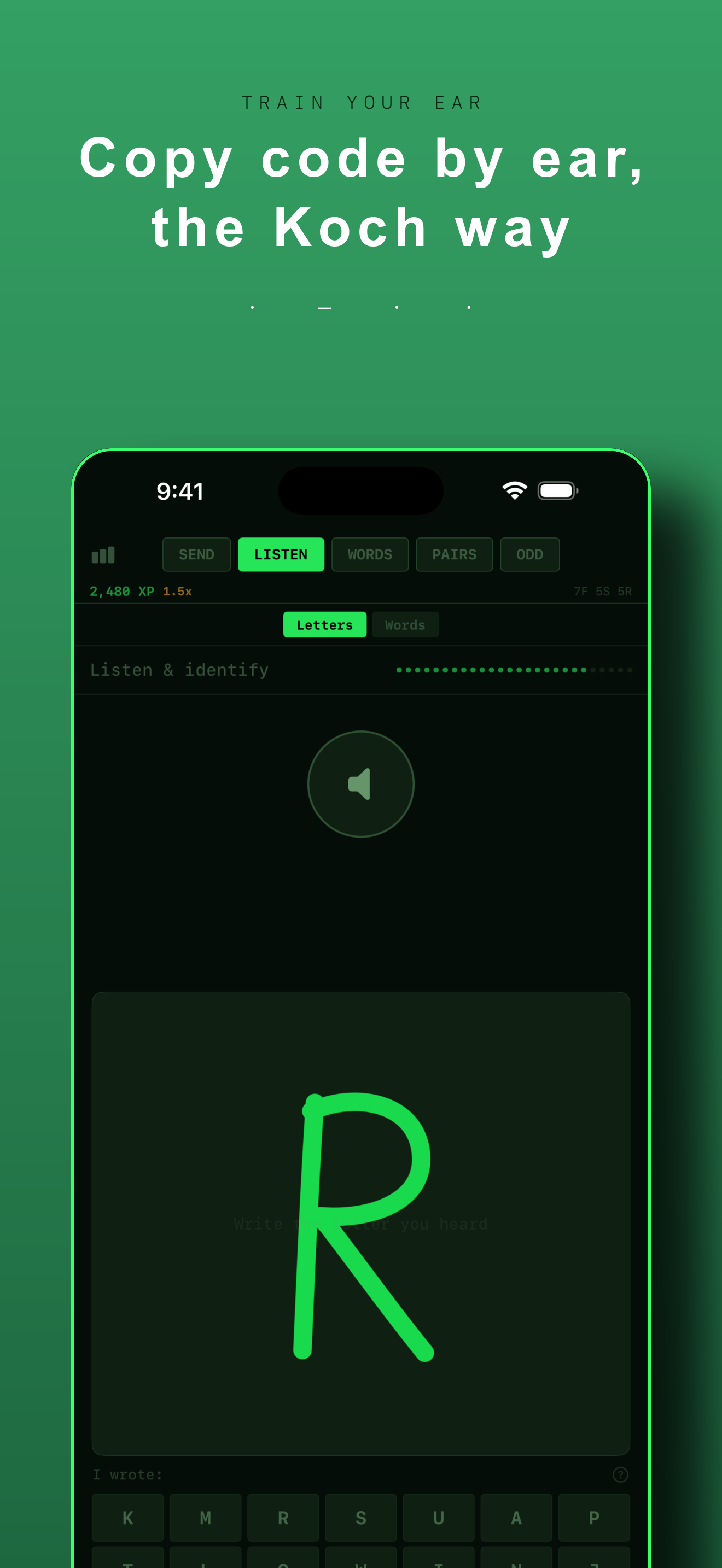 Morse Listen mode teaching code by ear with handwriting input