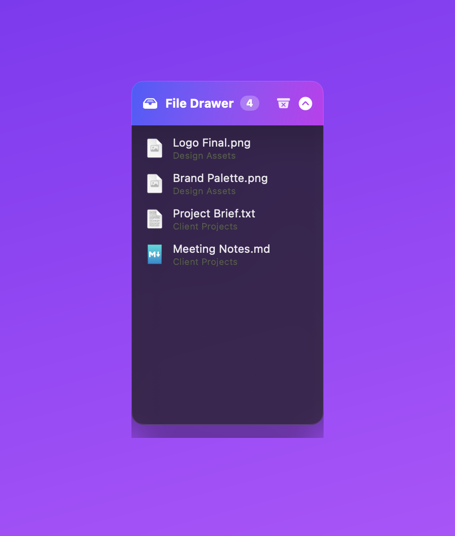 PathPal's floating File Drawer holding four parked files with their source folders