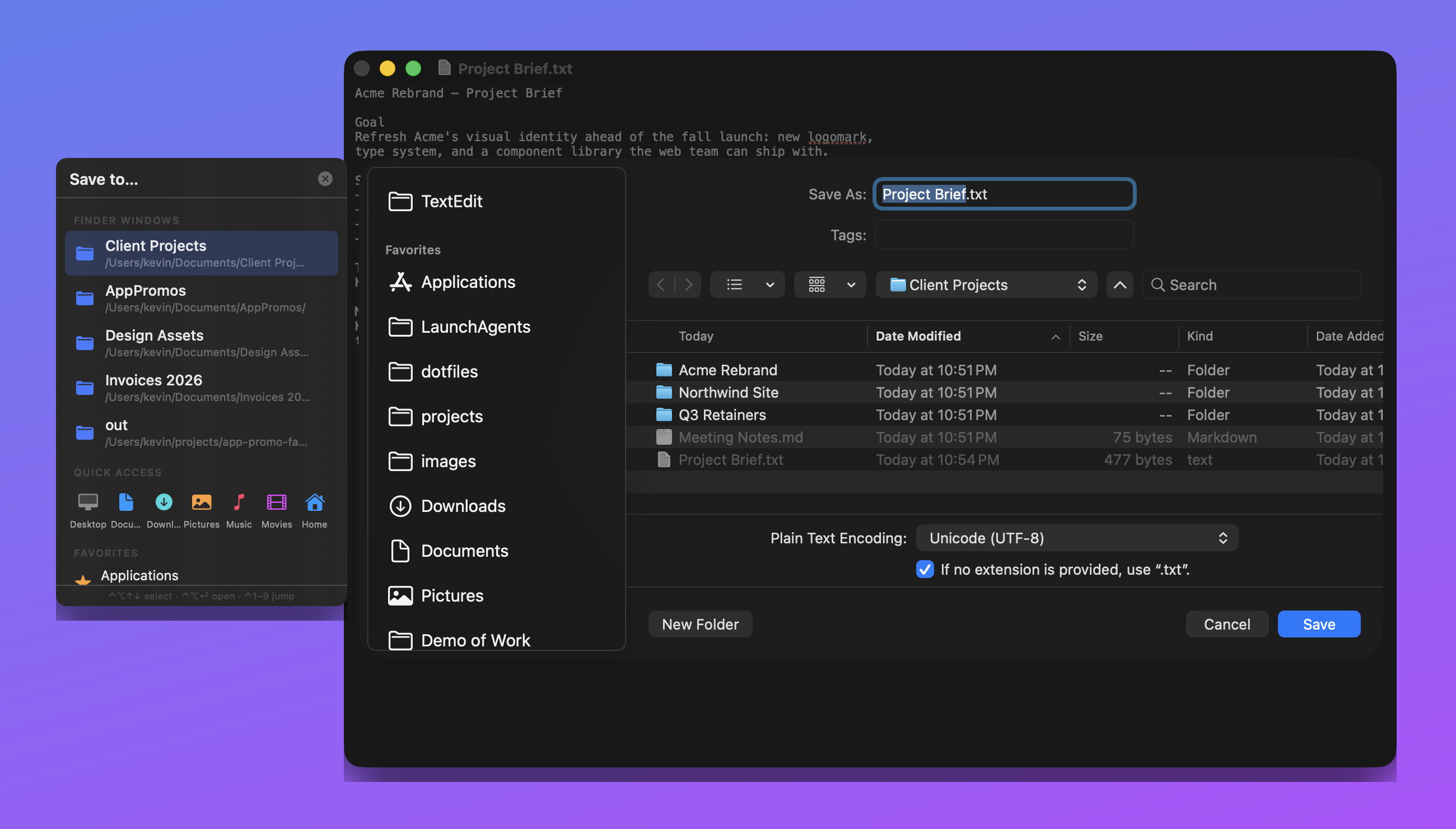 A TextEdit save dialog with PathPal's Save to panel beside it, listing open Finder windows, Quick Access folders, and favorites—Client Projects selected
