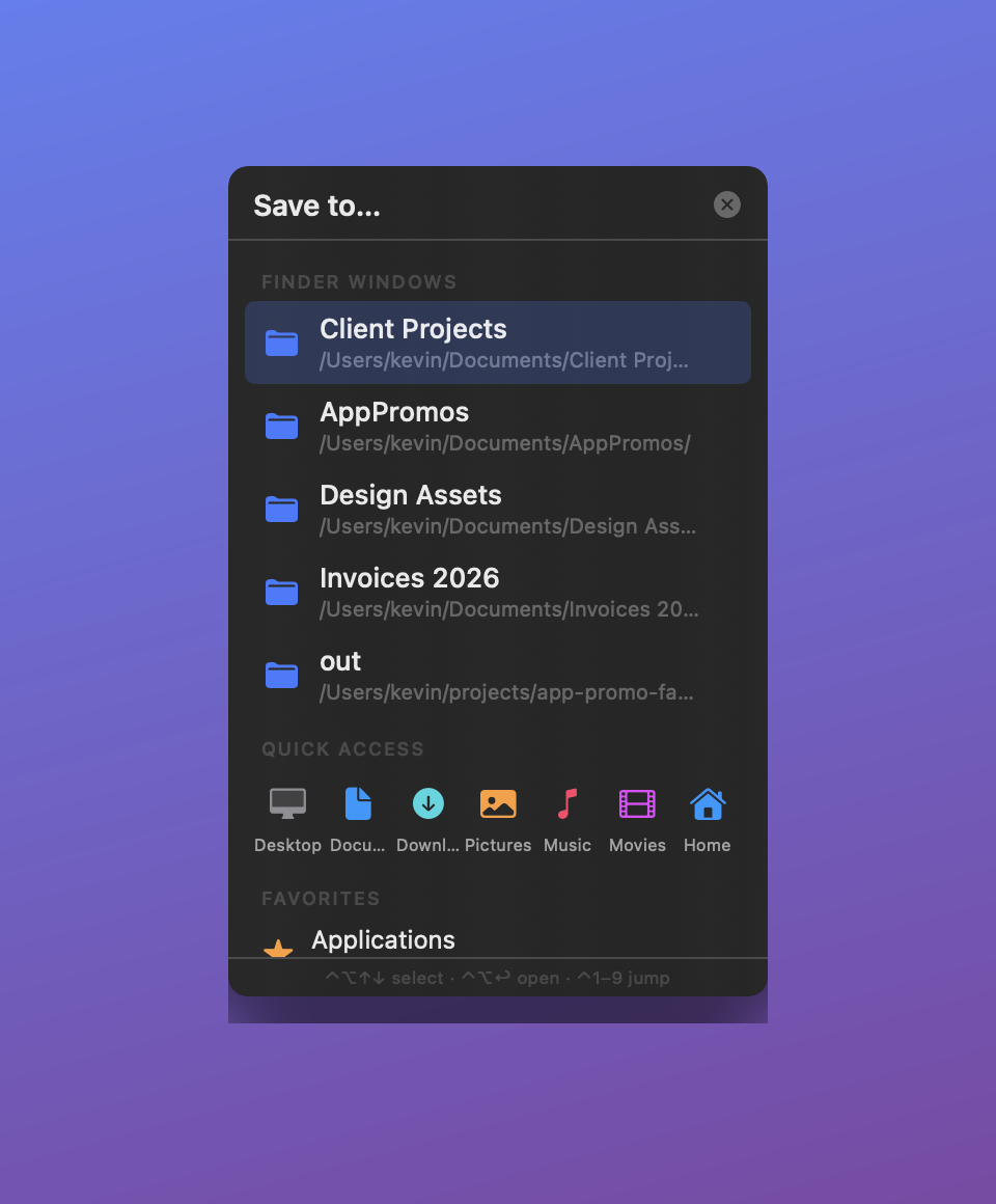 Close-up of PathPal's Save to panel: Finder Windows, Quick Access, and Favorites sections with Client Projects selected