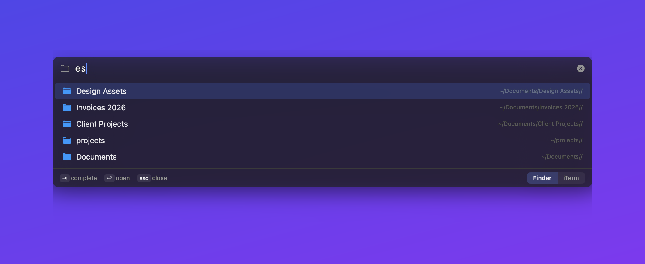 PathPal's Cmd+L go-to-folder bar showing five fuzzy-matched folder completions for the query 'es'