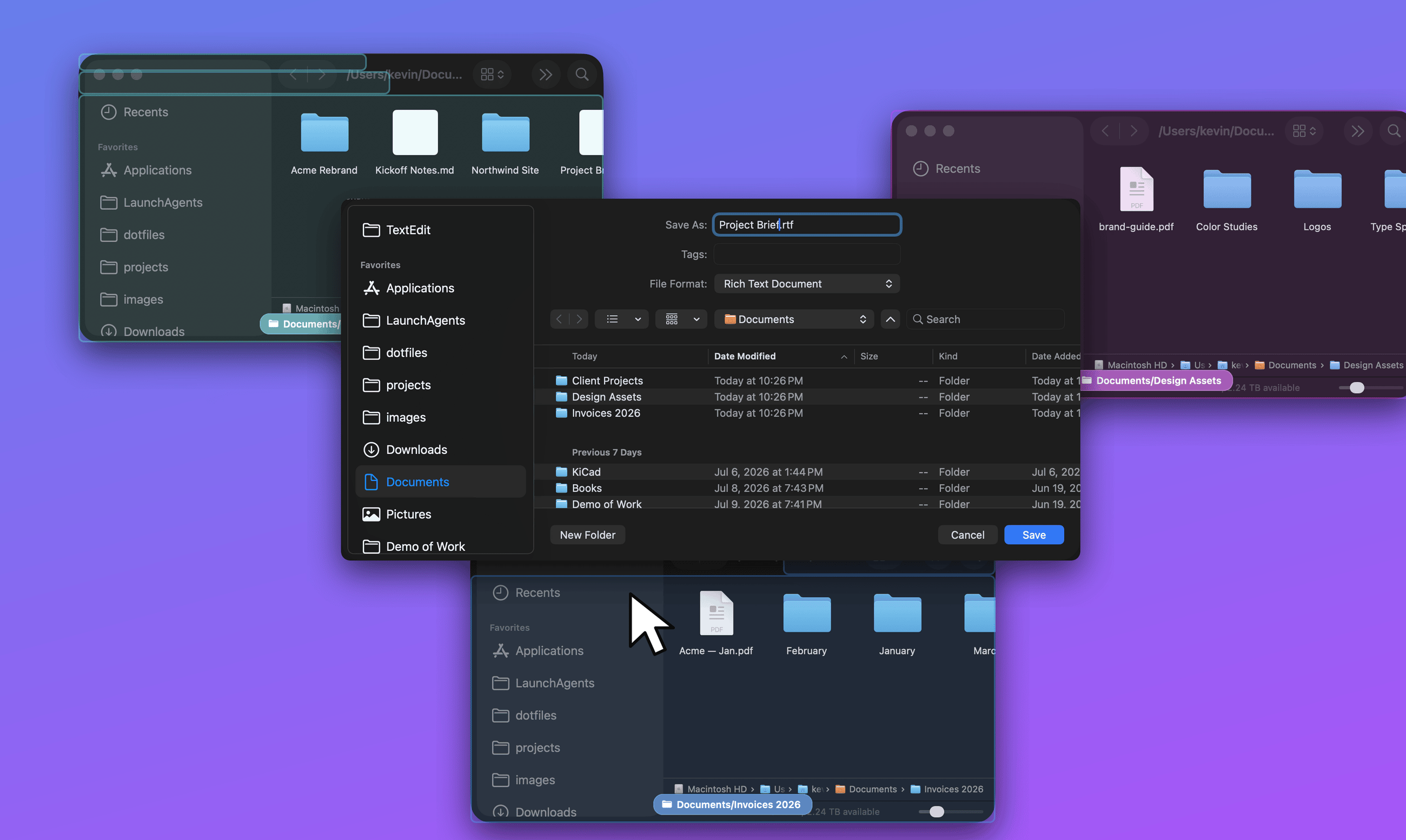 A macOS save dialog surrounded by three open Finder windows, each tinted a different color—Client Projects in teal, Design Assets in purple, Invoices 2026 in blue—and labeled with its folder path; a cursor is poised over one window to send the dialog to that folder