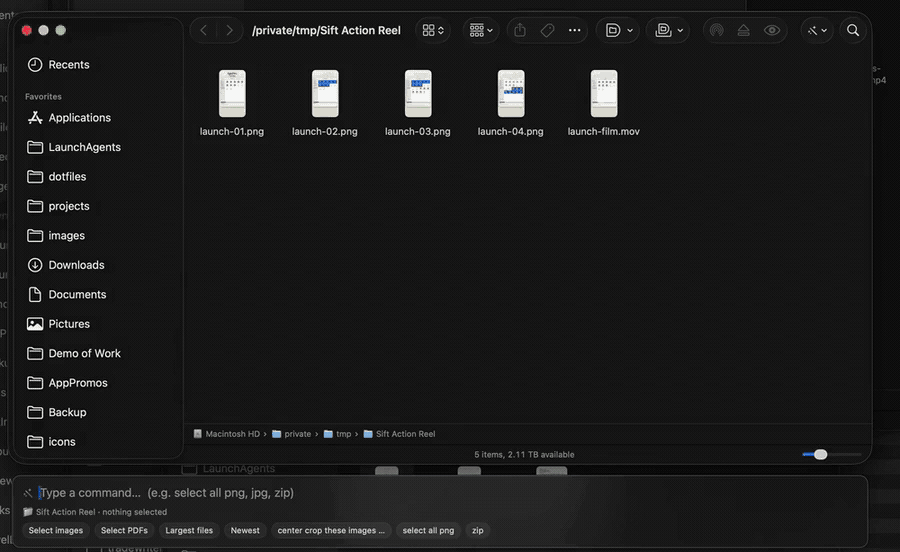 Sift selecting all PNGs, cropping them, selecting the largest image, making a three-second video clip, merging two PDFs, and creating a ZIP archive in a real Finder window