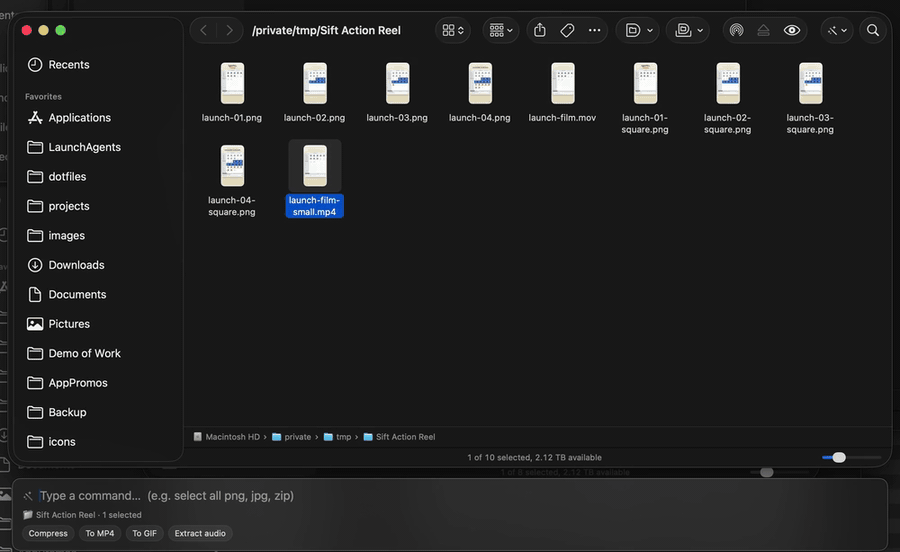 Sift creating Archive.zip from the compressed MP4 file directly in Finder