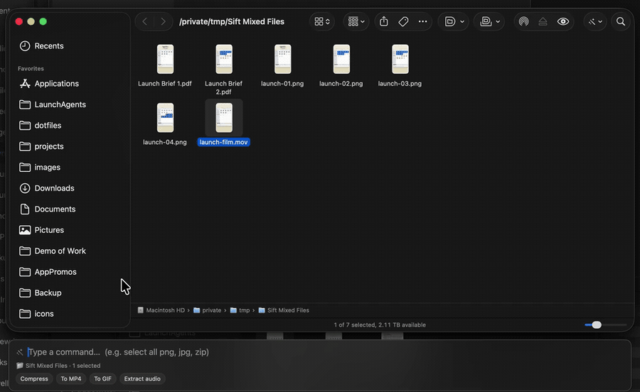 Sift turning a selected six-second MOV into a three-second MP4 directly in Finder
