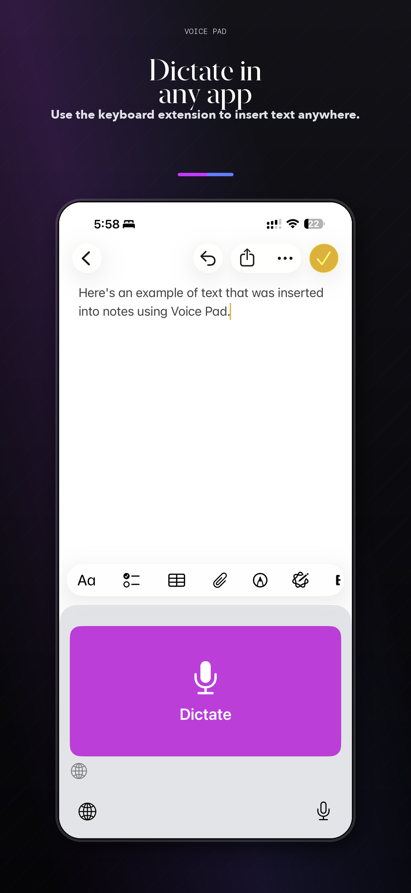 Voice Pad keyboard dictation screenshot