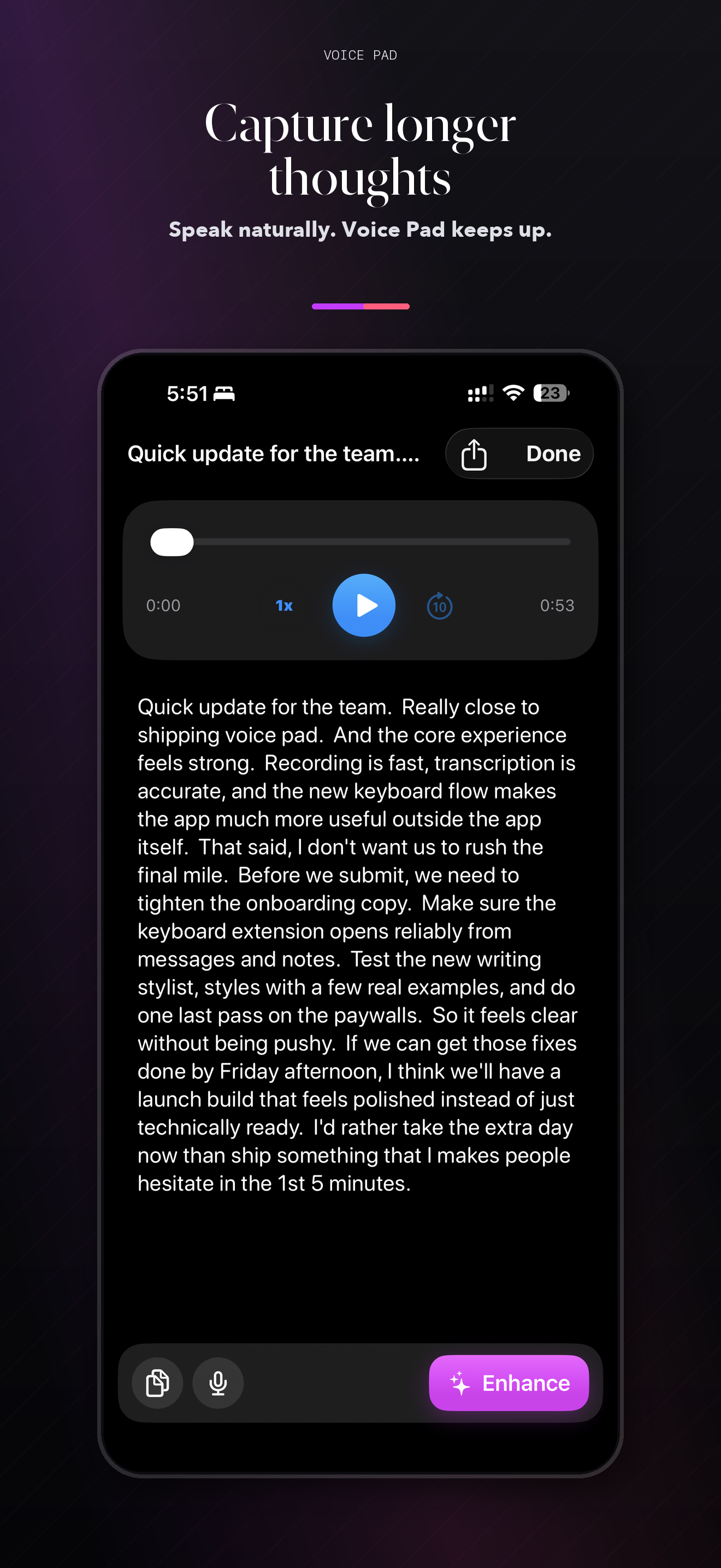 Voice Pad long transcription screenshot