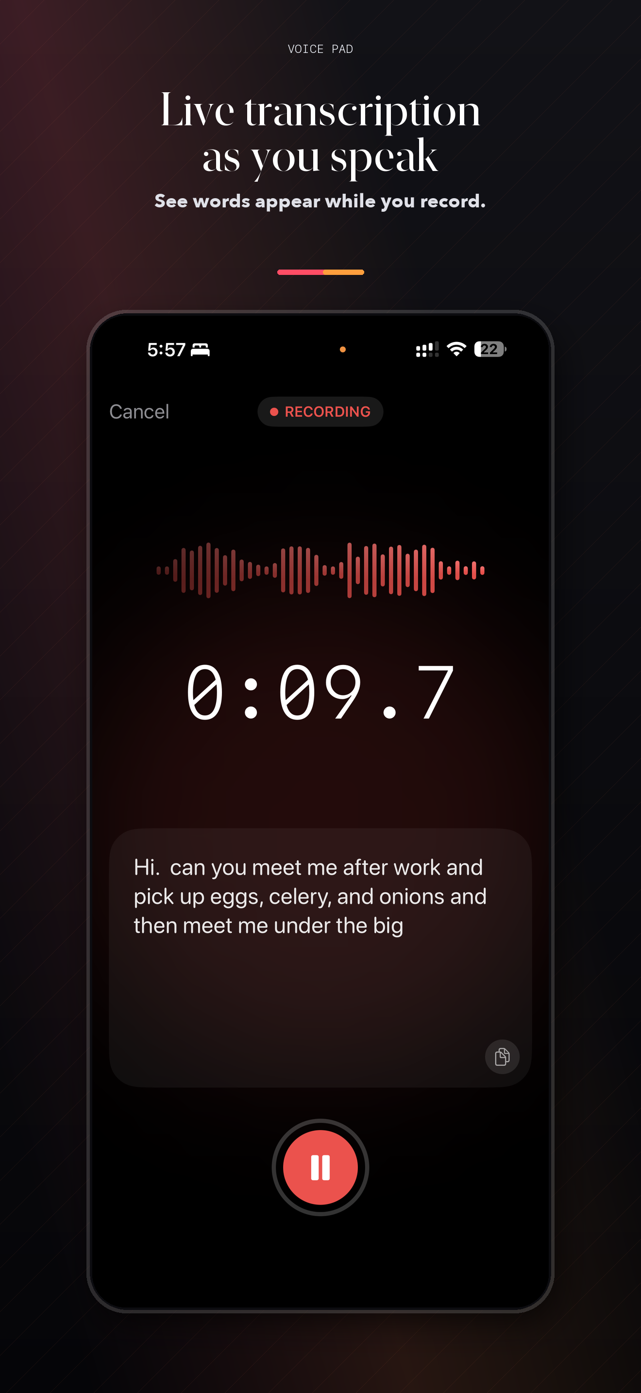 Voice Pad live transcription screenshot