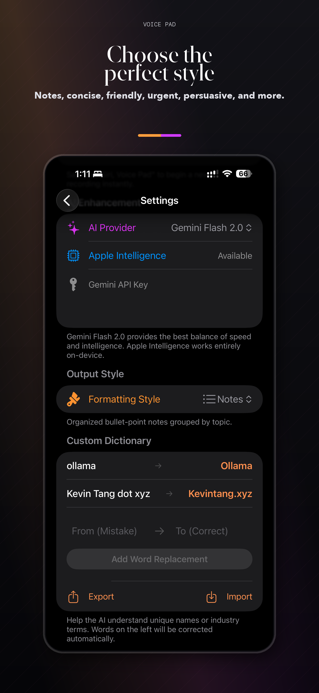 Voice Pad formatting styles screenshot