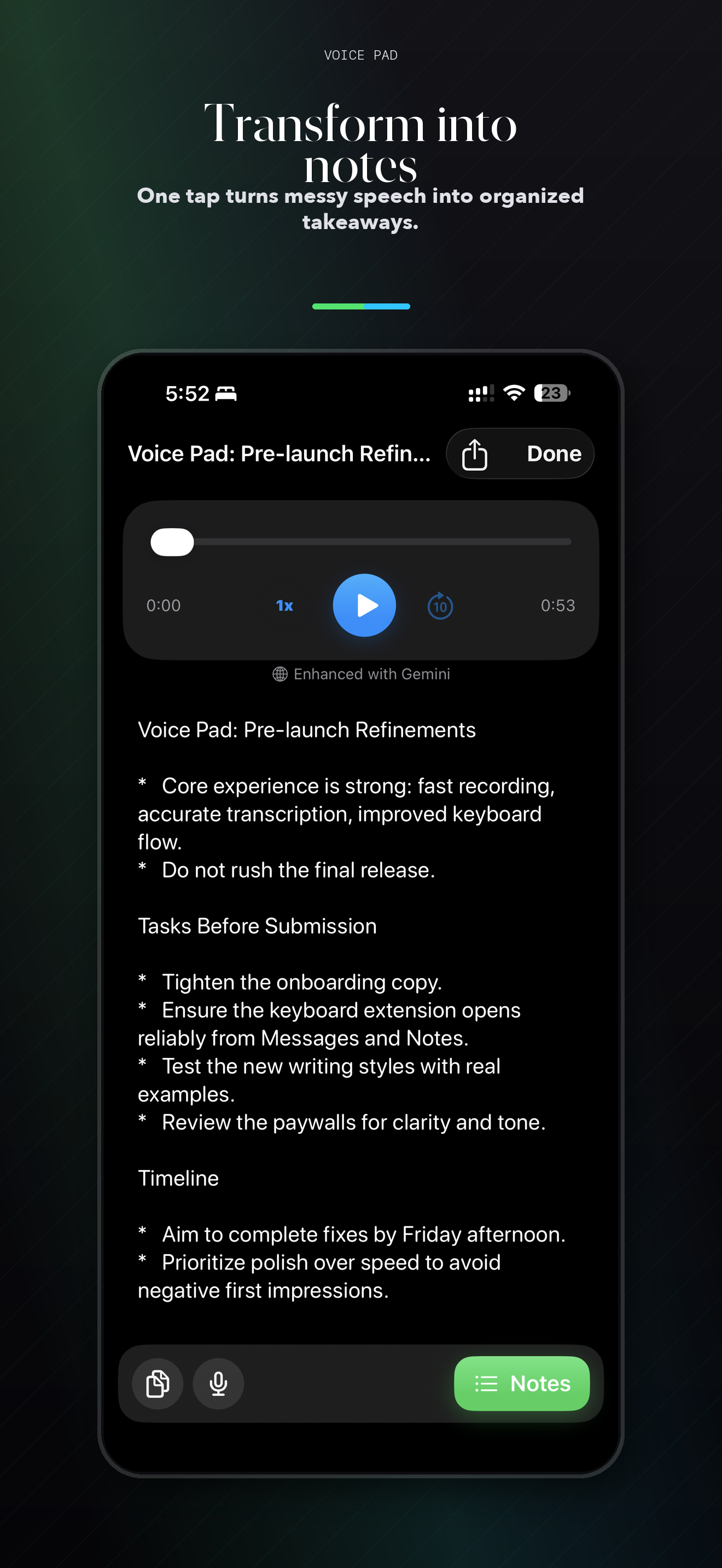Voice Pad notes formatting screenshot
