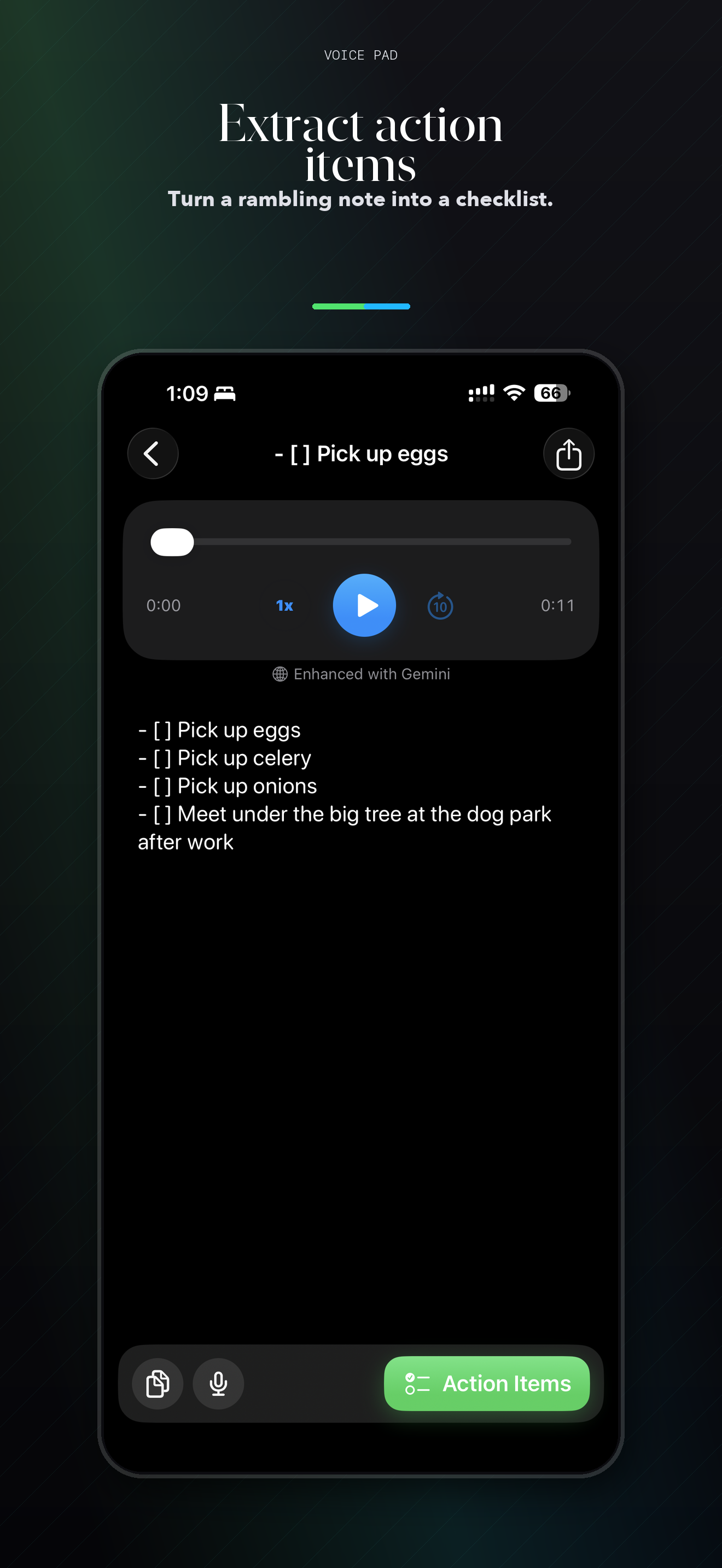 Voice Pad action items screenshot