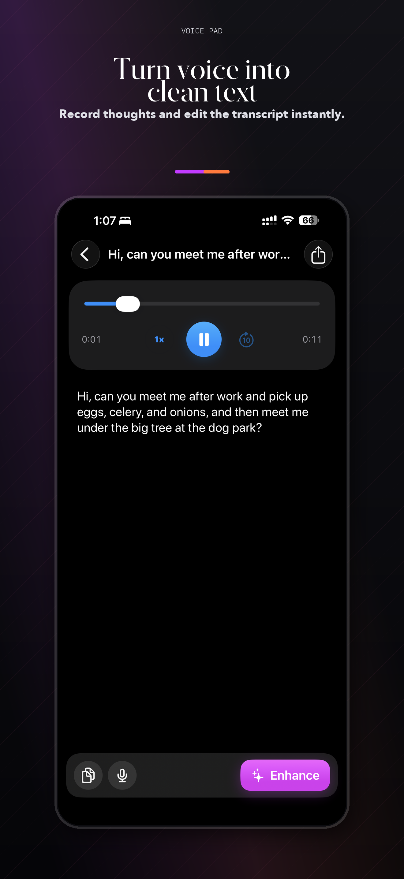 Voice Pad transcript editor screenshot