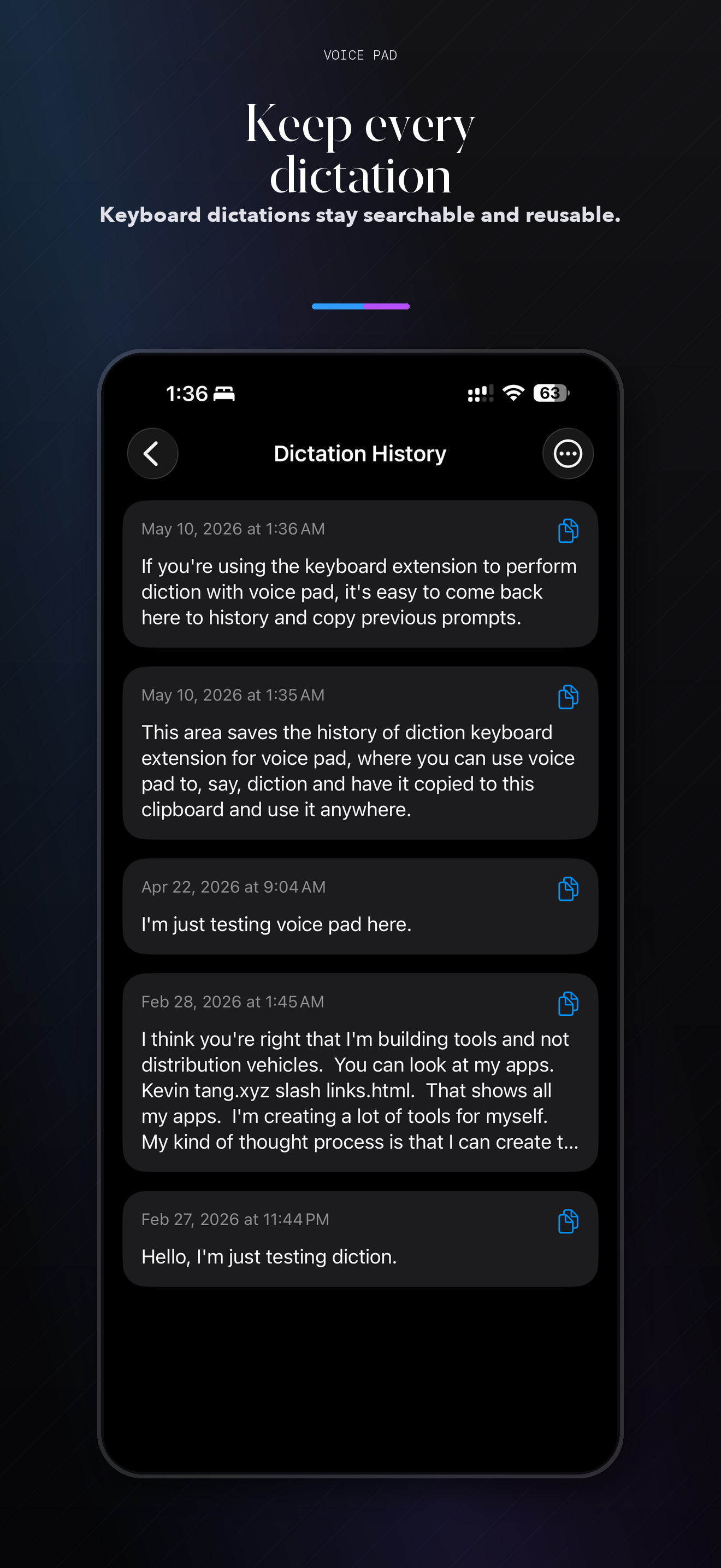 Voice Pad dictation history screenshot
